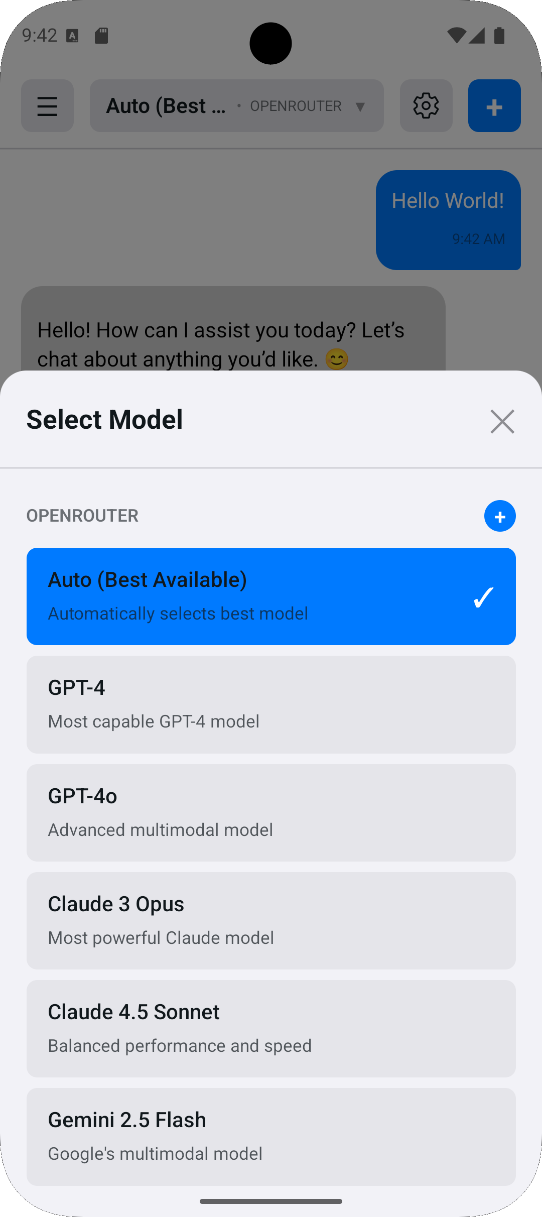 Model selection screen